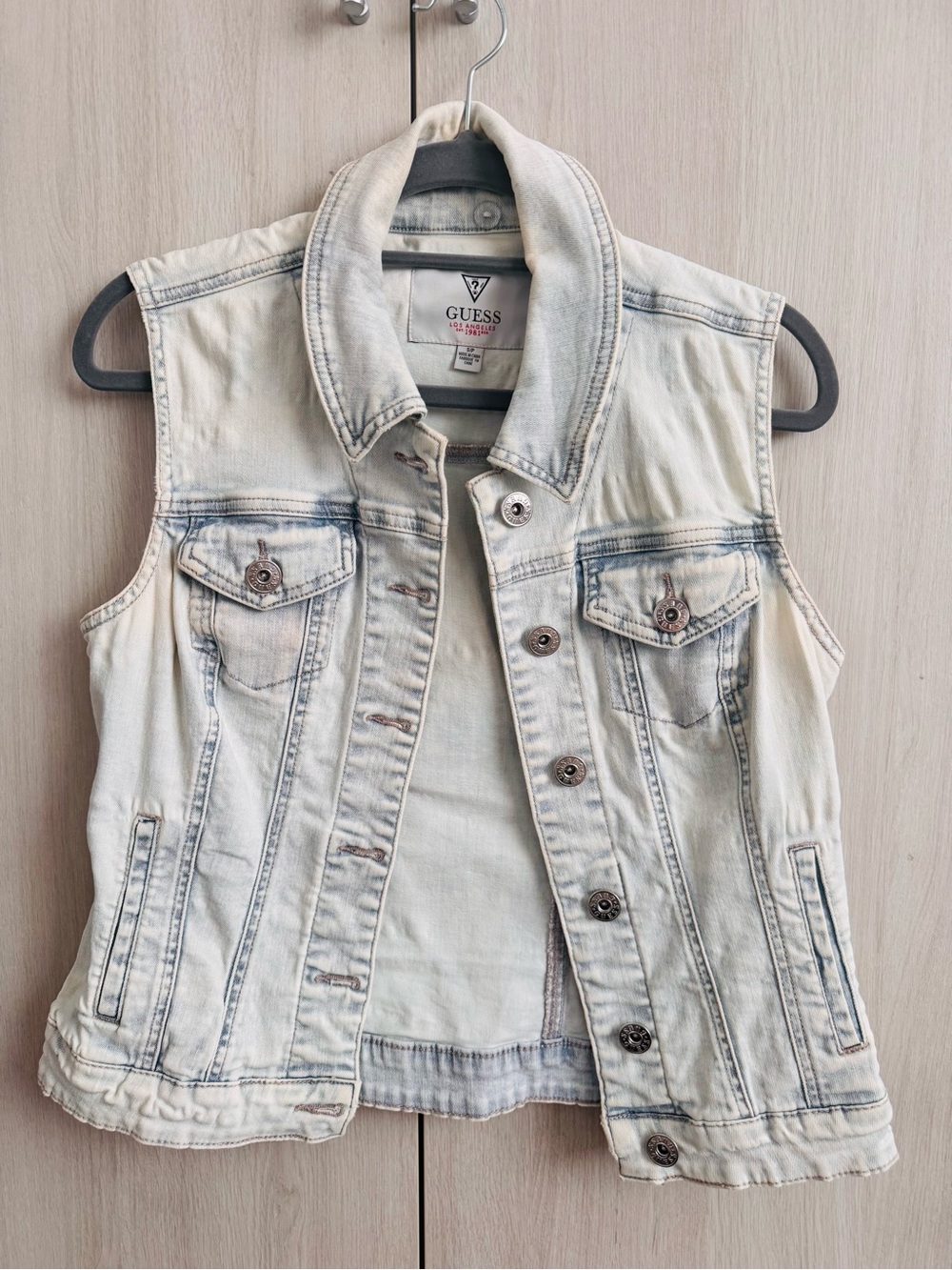 GUESS Light Cream and Light Blue Washed Denim Vest